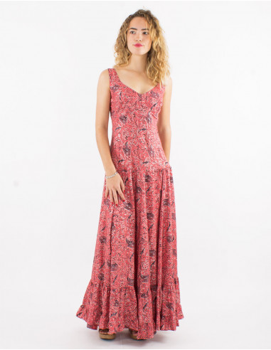 Long polyester sari dress with large straps and silver print