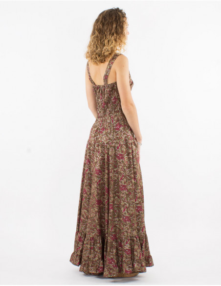 Robe longue polyester bretelles larges sari imprimé argenté