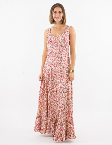 Long polyester sari dress with large straps and golden print