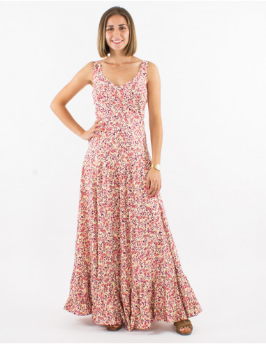 Long polyester sari dress with large straps and golden print