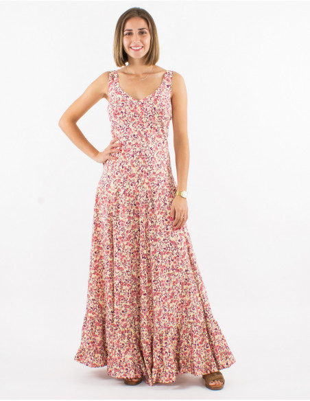 Long polyester sari dress with large straps and golden print