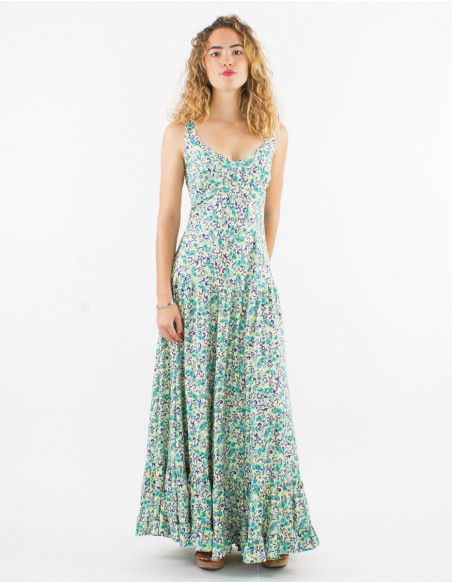 Long polyester sari dress with large straps and golden print