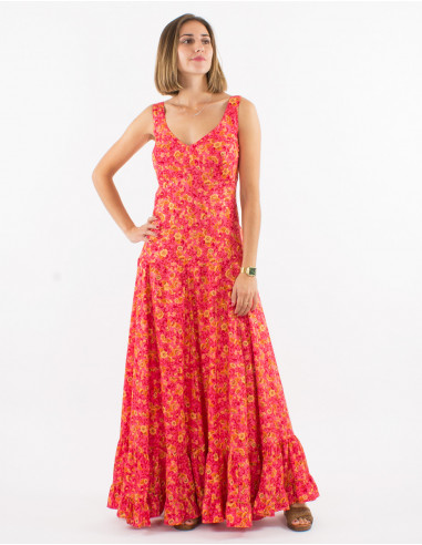 Long polyester sari dress with large straps and golden print