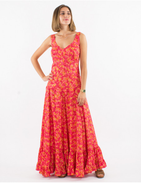 Long polyester sari dress with large straps and golden print