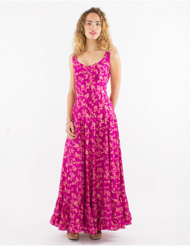 Long polyester sari dress with large straps and golden print