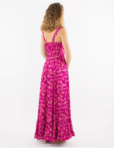 Long polyester sari dress with large straps and golden print
