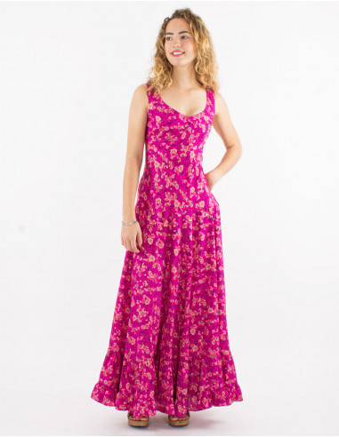 Long polyester sari dress with large straps and golden print