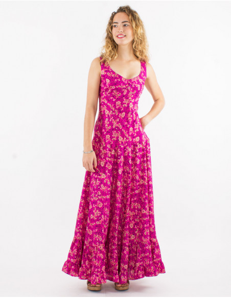 Long polyester sari dress with large straps and golden print