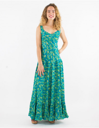 Long polyester sari dress with large straps and golden print