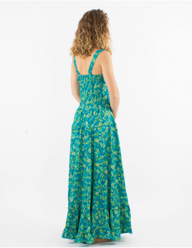 Long polyester sari dress with large straps and golden print