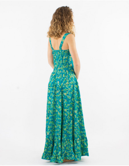 Long polyester sari dress with large straps and golden print