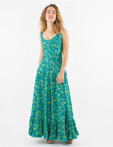 Long polyester sari dress with large straps and golden print