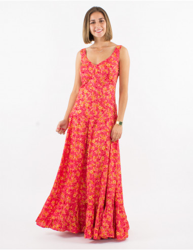 Long polyester sari dress with large straps and golden print