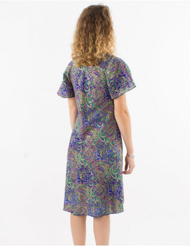 Polyester sari silvery dress with short sleeves and silver print