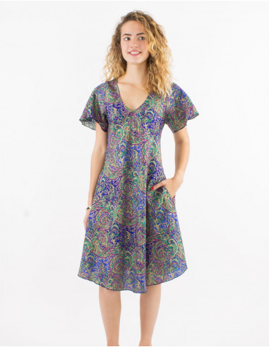 Polyester sari silvery dress with short sleeves and silver print