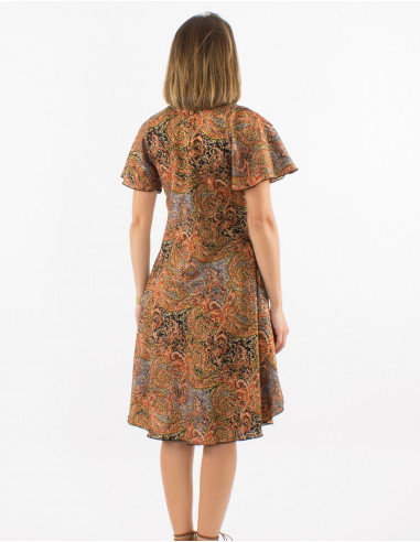 Polyester sari silvery dress with short sleeves and silver print