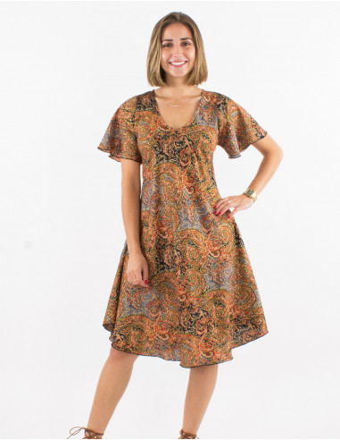 Polyester sari silvery dress with short sleeves and silver print