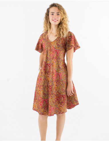 Polyester sari silvery dress with short sleeves and silver print