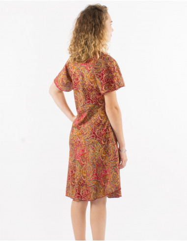 Polyester sari silvery dress with short sleeves and silver print