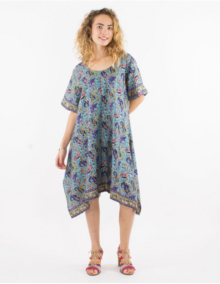 Short polyester sari golden dress with Short sleeves and golden print