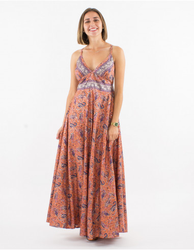 Robe longue polyester dos nu sari imprimé