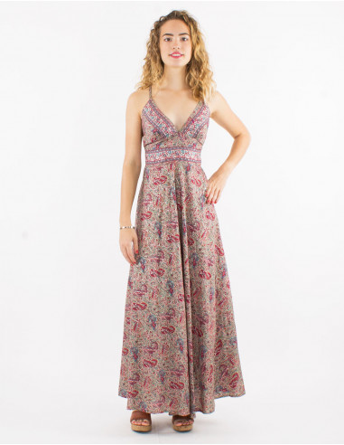 Long polyester sari backless dress with silver print