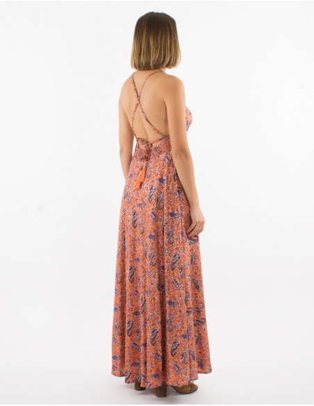 Long polyester sari backless dress with silver print