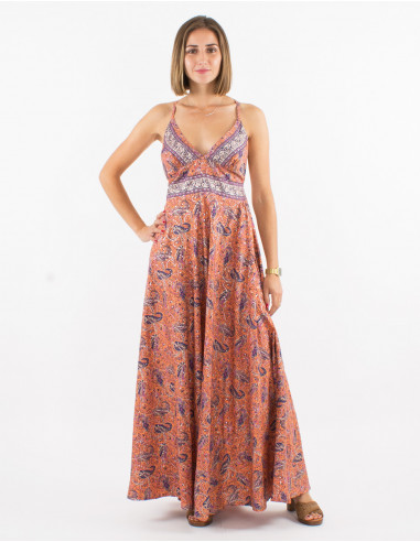 Long polyester sari backless dress with silver print