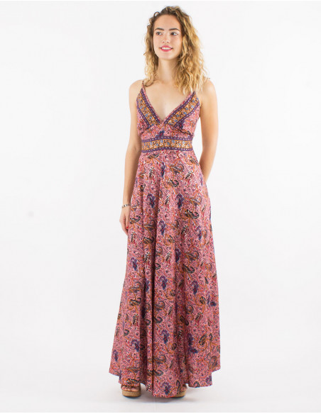 Robe longue polyester dos nu sari imprimé