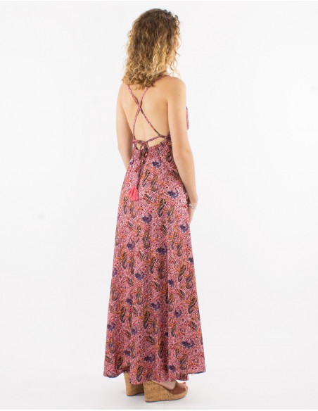 Long polyester sari backless dress with silver print