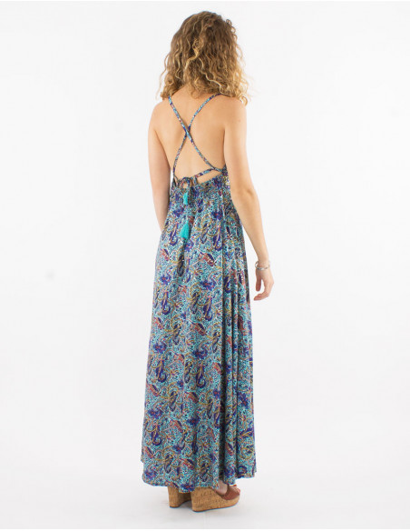 Long polyester sari backless dress with silver print