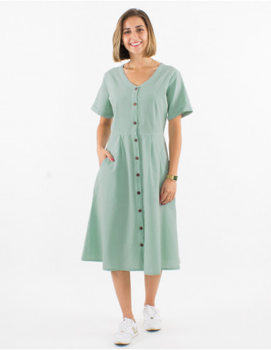 Cotton sw buttoned dress with short sleeves