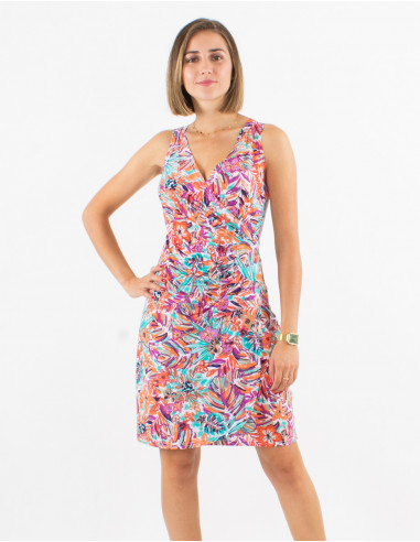 Knitted 96% polyester 4% elastane sleeveless dress with oasis print