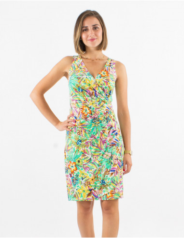 Knitted 96% polyester 4% elastane sleeveless dress with oasis print