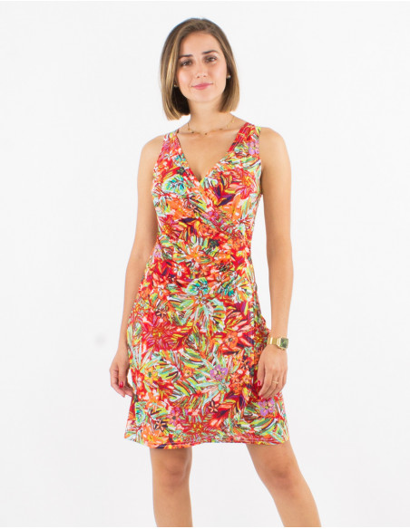 Knitted 96% polyester 4% elastane sleeveless dress with oasis print