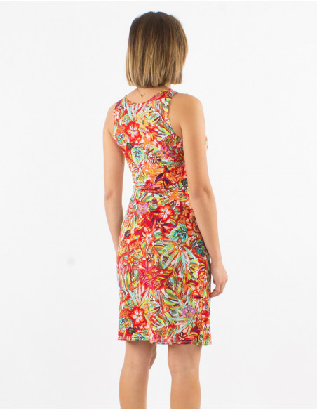Knitted 96% polyester 4% elastane sleeveless dress with oasis print