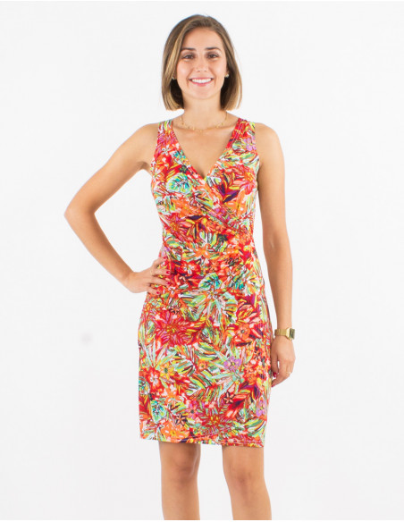 Knitted 96% polyester 4% elastane sleeveless dress with oasis print
