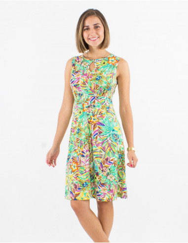 Knitted 96% polyester 4% elastane sleeveless dress with oasis print