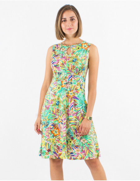 Knitted 96% polyester 4% elastane sleeveless dress with oasis print