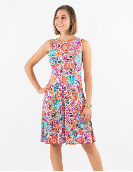 Knitted 96% polyester 4% elastane sleeveless dress with oasis print