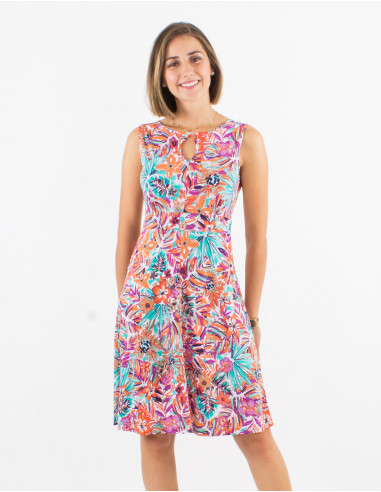 Knitted 96% polyester 4% elastane sleeveless dress with oasis print