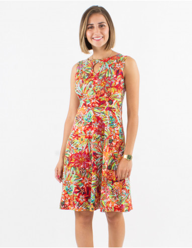 Knitted 96% polyester 4% elastane sleeveless dress with oasis print