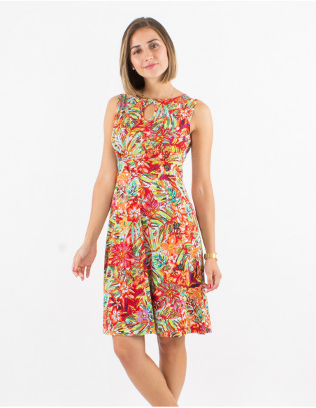 Knitted 96% polyester 4% elastane sleeveless dress with oasis print