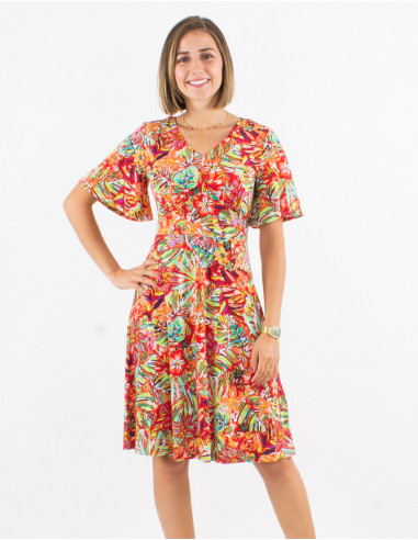 Knitted 96% polyester 4% elastane dress with short sleeves and oasis print