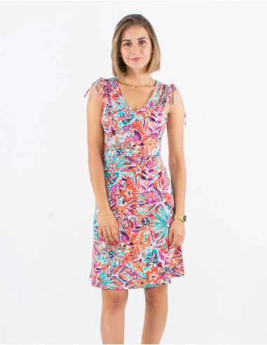 Knitted 96% polyester 4% elastane sleeveless dress with oasis print