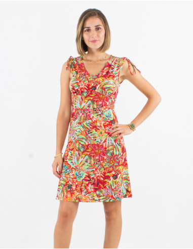 Knitted 96% polyester 4% elastane sleeveless dress with oasis print