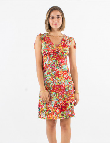 Knitted 96% polyester 4% elastane sleeveless dress with oasis print