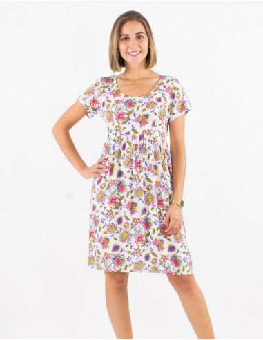 Viscose dress with short sleeves and paradise print