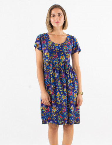 Viscose dress with short sleeves and paradise print