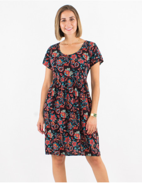 Viscose dress with short sleeves and paradise print